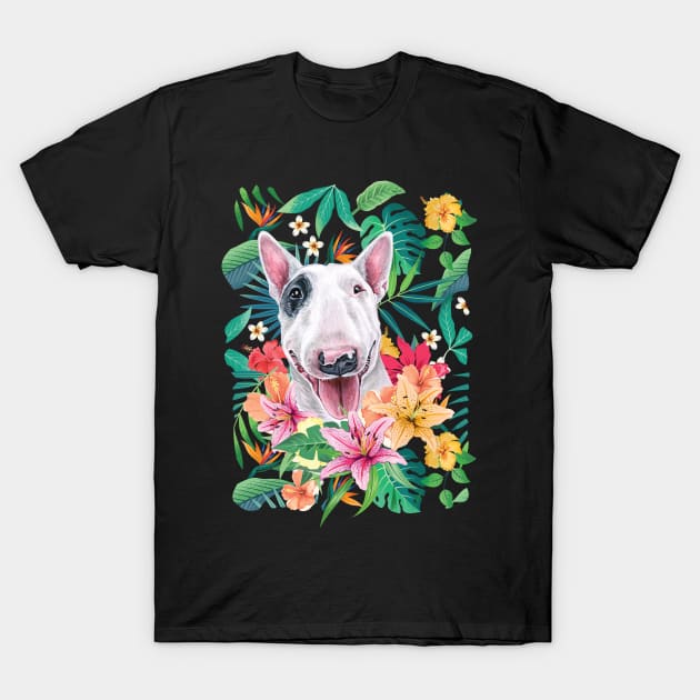 Tropical White and Black Bull Terrier T-Shirt by LulululuPainting